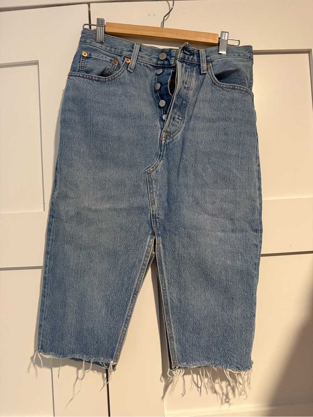 Levi's Light Blue Denim Pencil Skirt with Frayed Hem